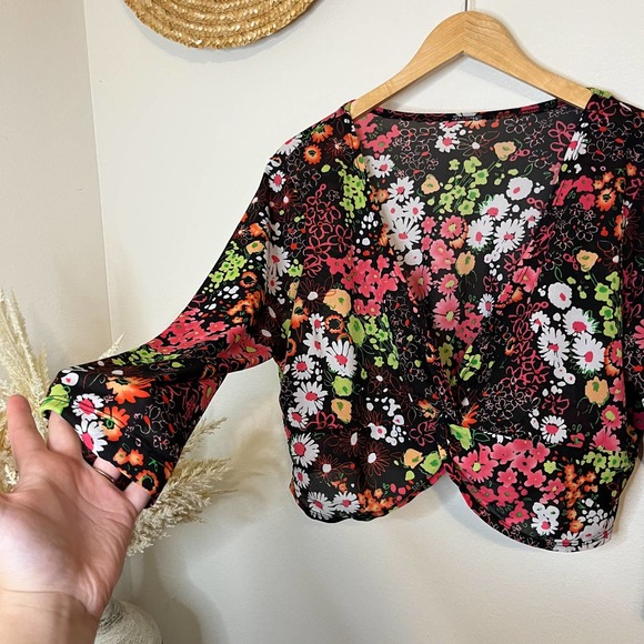 Y2K Inspired Neon Floral Black Tie Front Crop Top Micro Cardigan Size Medium - Picture 2 of 5